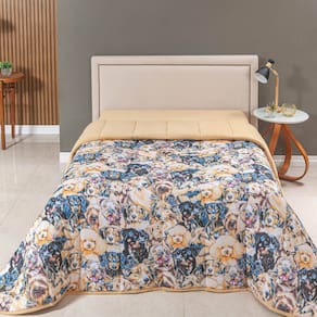 Edredom Cobertor Sonnet Queen Malha Estampada Dupla Face 100% Algodão - Cachorros Pet - Mostarda