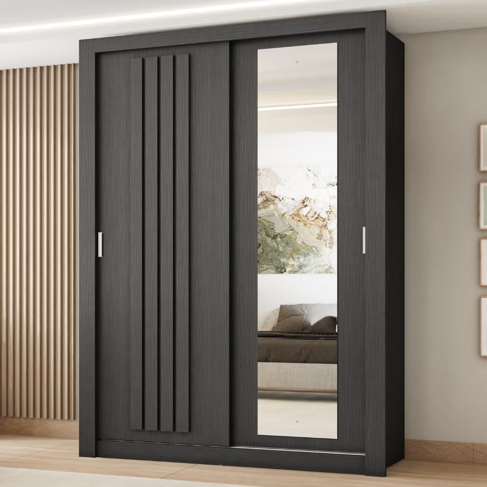 Guarda Roupa Solteiro 2 Portas Darvi c/ Espelho Direito Carraro Preto Touch