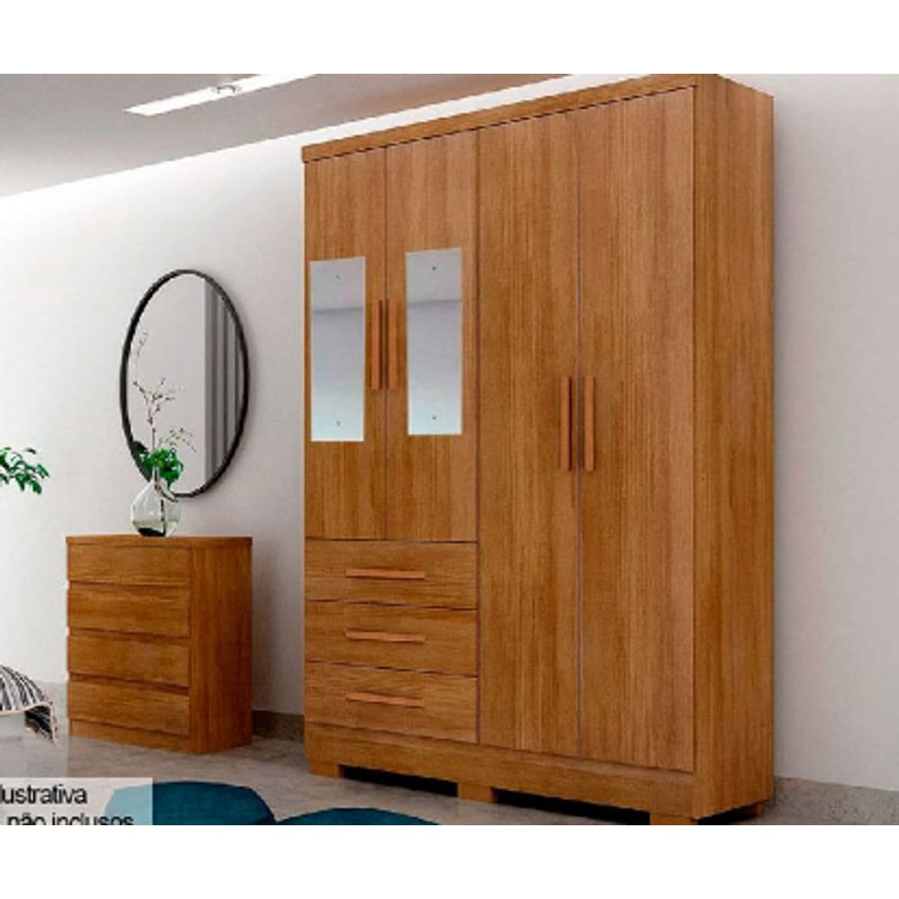 Guarda Roupa Solteiro 4 Portas com Espelho Encant Cumaru - Novo Horizonte