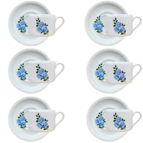 Jogo 6 xícaras Café/Chá com pires 170ml Base Reta Flor Azul
