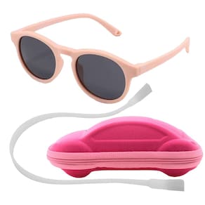 Óculos de Sol Flexível Infantil + Case Carrinho + Cordão Silicone Rosê