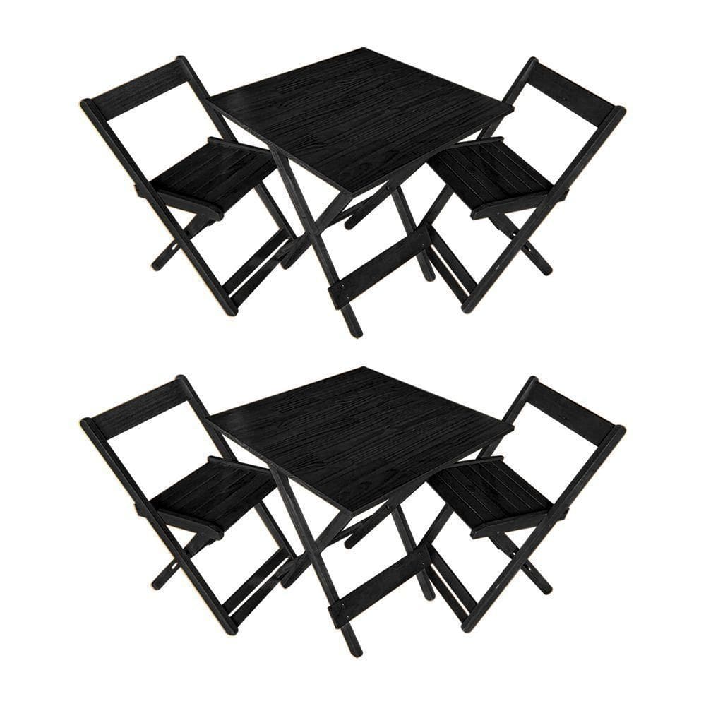 Kit 2 Conjuntos De Mesa Dobrável 70x70cm Em Madeira Maciça Para Restaurantes Com 2 Cadeiras Preto