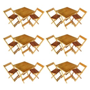 Kit 6 Conjuntos De Mesa Dobrável 70x70cm Em Madeira Maciça Para Restaurantes Com 2 Cadeiras Mel Bege