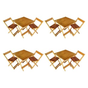 Kit 4 Conjuntos De Mesa Dobrável 70x70cm Em Madeira Maciça Para Restaurantes Com 2 Cadeiras Mel Bege