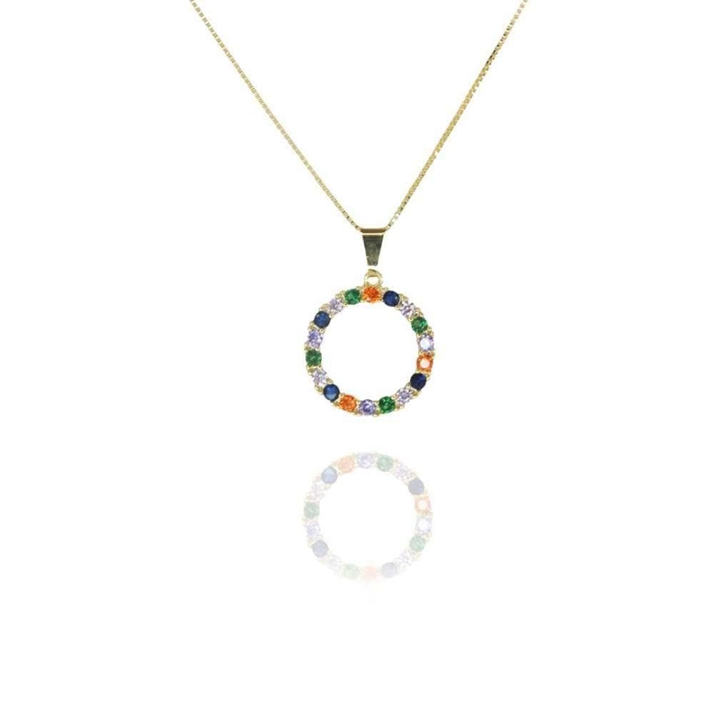 Colar Pingente Circulo De Zircônia Colorida Folheado A Ouro 18k [f027]