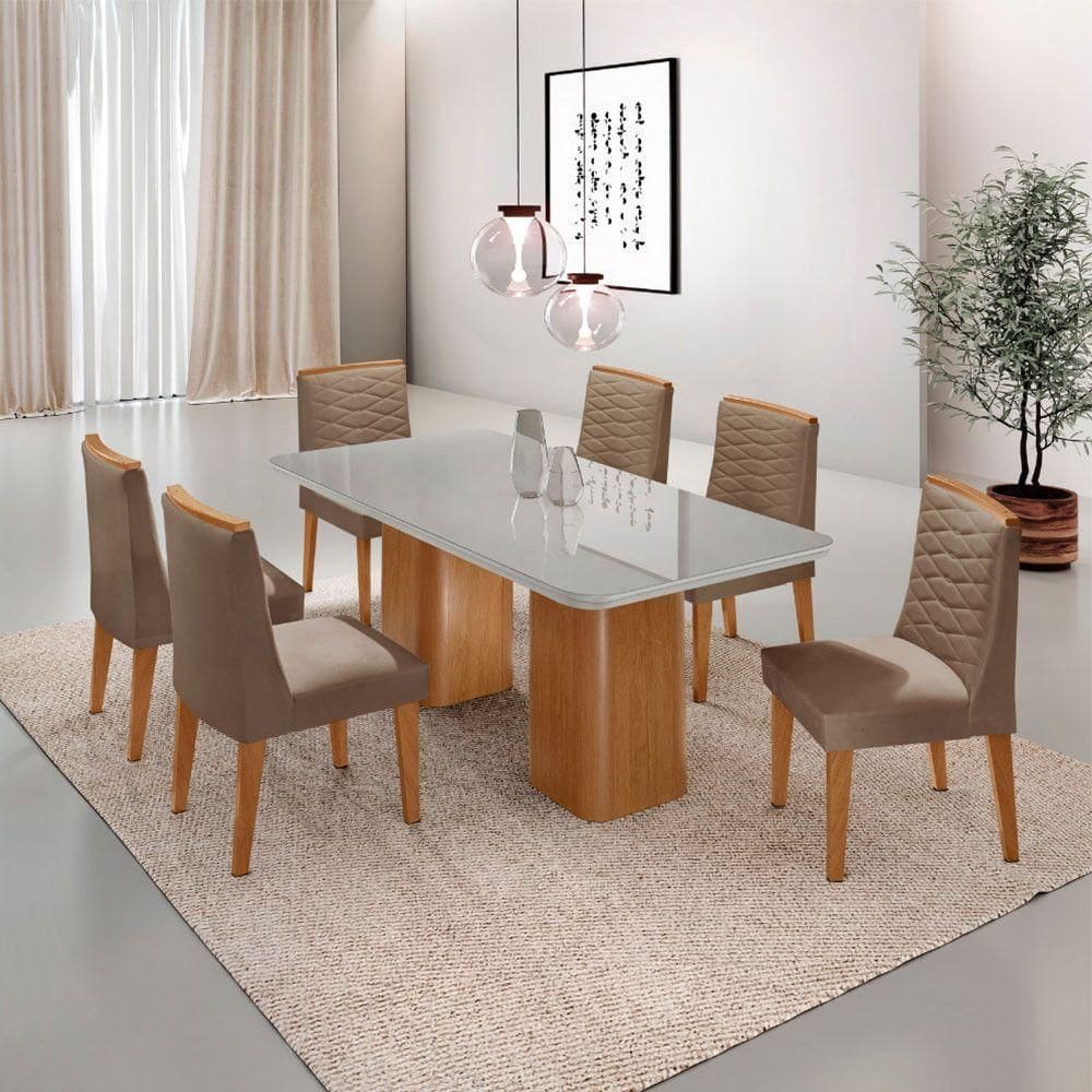 Mesa De Jantar Eloise Tampo MDF Vidro Com 6 Cadeiras Moderna Veludo Capuccino Off White Naturale