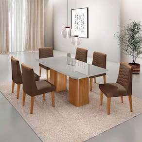 Mesa De Jantar Eloise Tampo Mdf Vidro Com 6 Cadeiras Moderna Veludo Marrom/off White/naturale