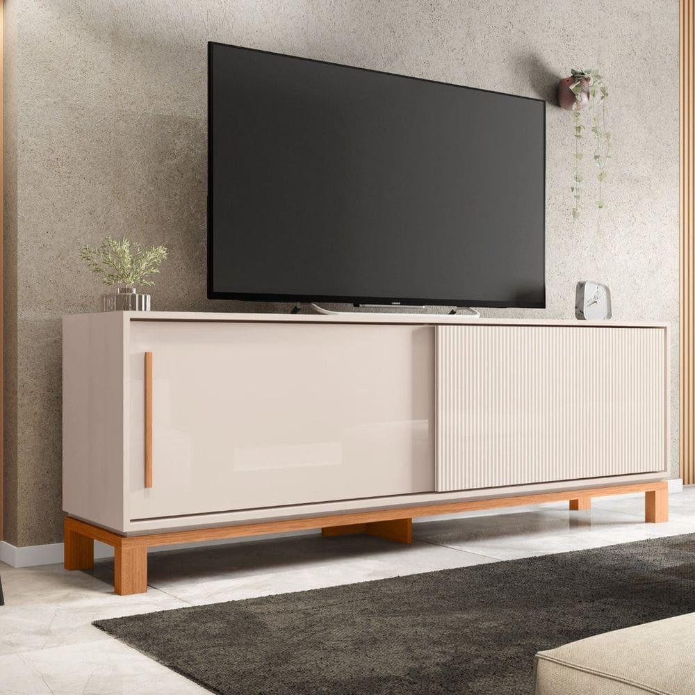 Rack para Tv até 65 Polegadas Portas com Textura Microrripada Pés Cavalete Mondrian 1.8 Off White/Freijó