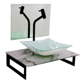 Gabinete De Vidro 50Cm Com Cuba Quadrada - Mármore Branco