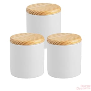 Kit 3 Porta Cotonete Porcelana Com Tampa Madeira Pote Louça