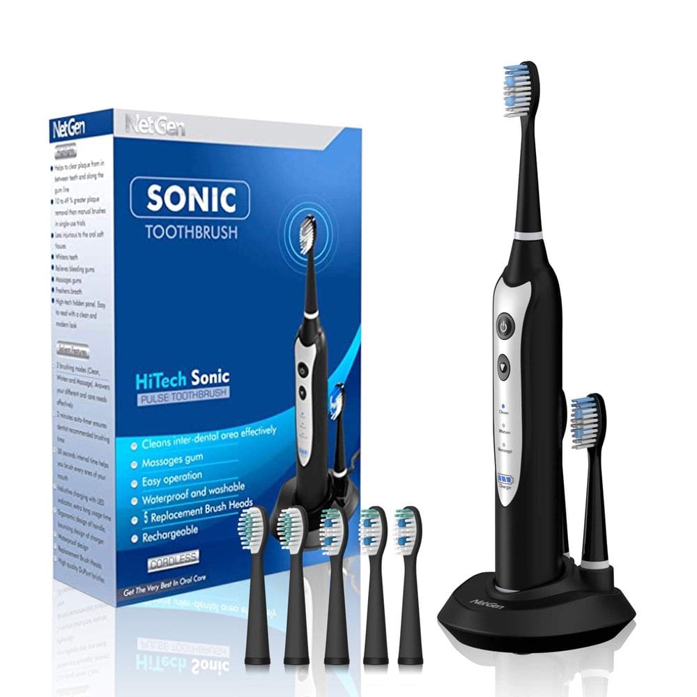 Escova de dentes elétrica NetGen Sonic com 5 cabeças de reposição preta