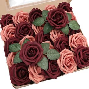 Flores artificiais Floroom, cor de vinho e cedro rosado, com aparência real, rosas falsas, 50 unidades