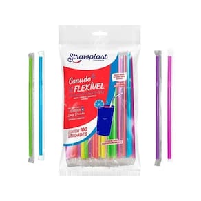 Canudo Colorido Flexivel Strawplast Para Drinks 100 Unidades