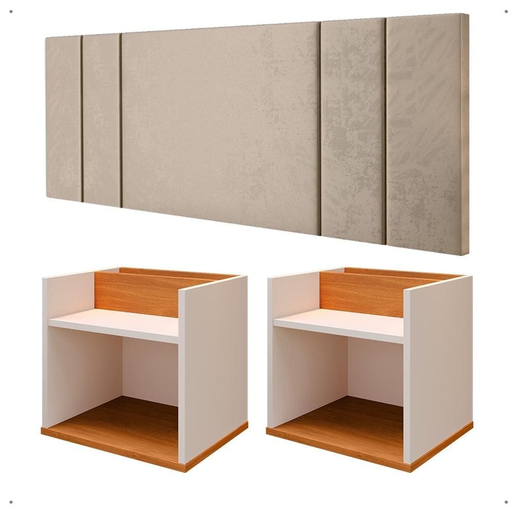 Kit Mesa Madri Apoio Lateral Cama Off/Cinamomo Suspensa Parede Cabeceira Luana Areia Suede Elegante Aérea Quarto Casal