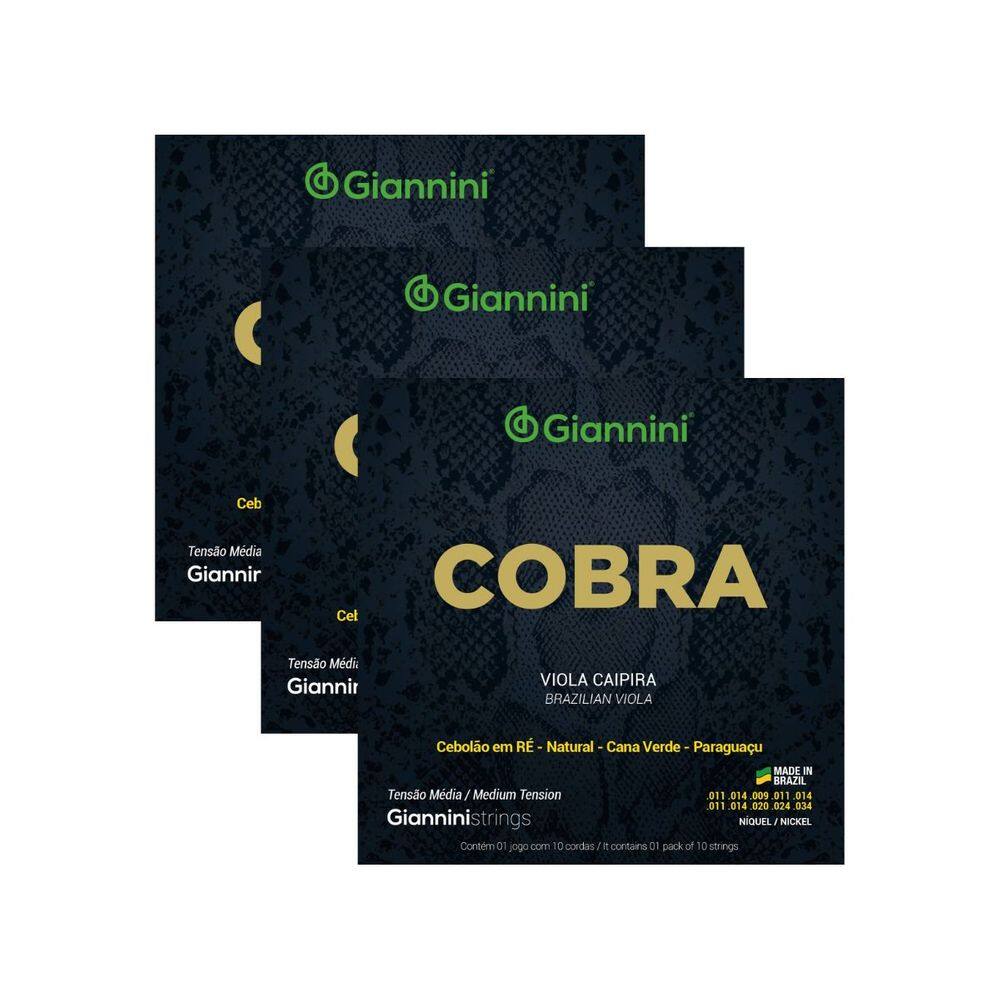 Kit 3 Encordoamento Viola Caipira Giannini Cobra GESVNM Aço Nickel Médio