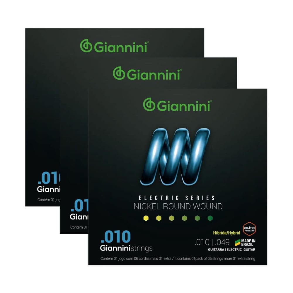 Kit 3 Encordoamento Guitarra Híbrida Giannini Electric GEEGSTH10 Nickel .010