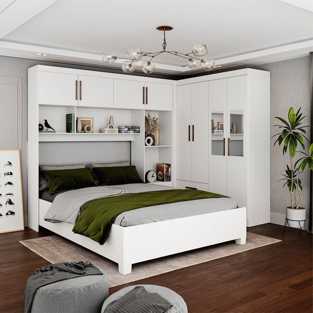 Guarda Roupa Casal Modulado 4 Portas com Cama Hercules 4 Portas e 4 Gavetas com Espelho Branco