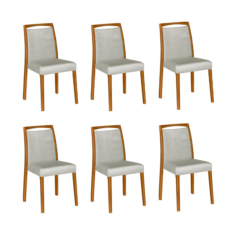 Kit 6 Cadeiras de Jantar Luxo Estofadas Jade Linho Cinza Base Madeira Maciça Mel