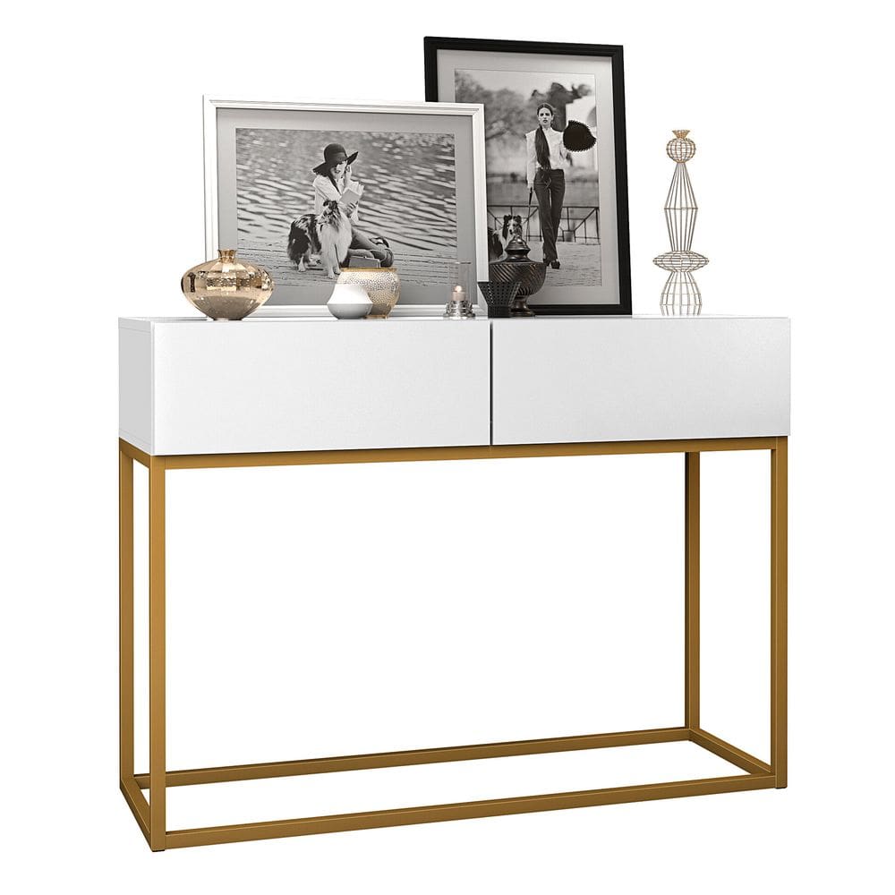 Aparador Buffet Eros 90cm Industrial 2 Gavetas Corrediças Telescopica Pé de Ferro Dourado