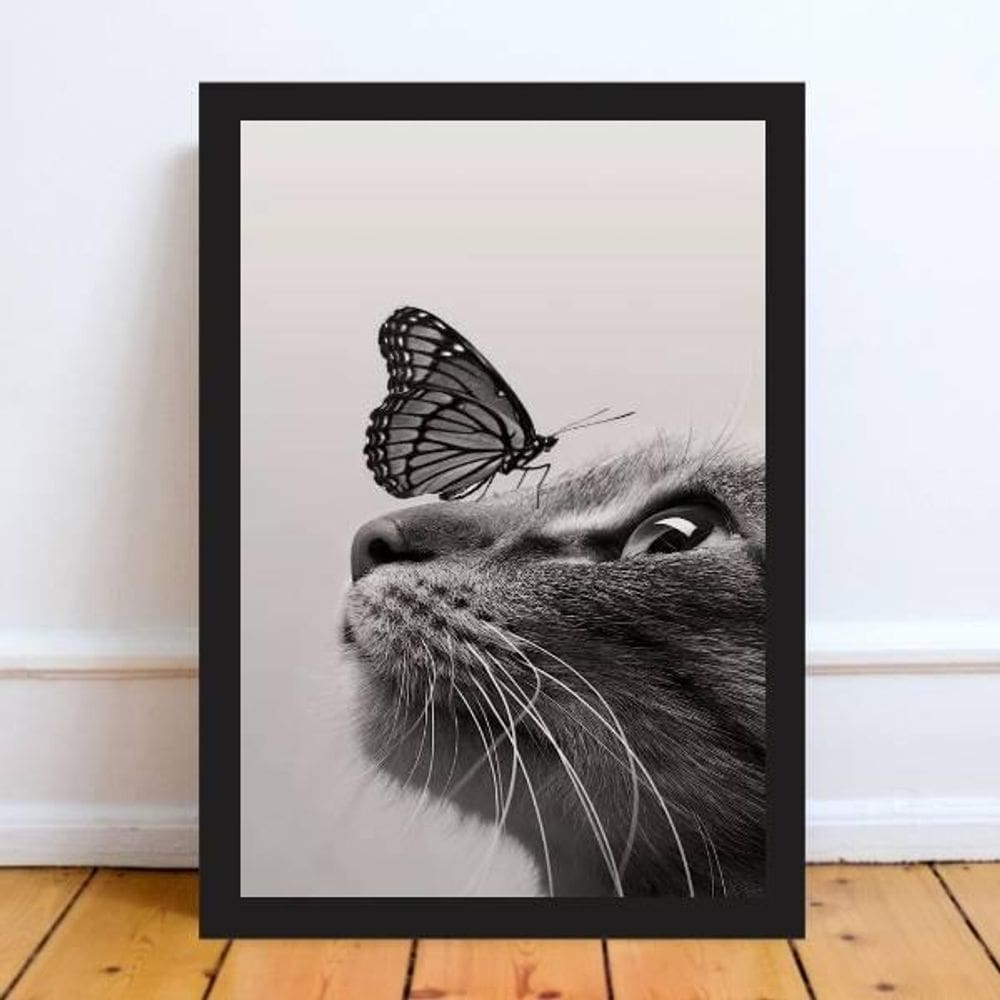Quadro Decorativo Gato Com Borboleta 33X24 Com Vidro - Preta