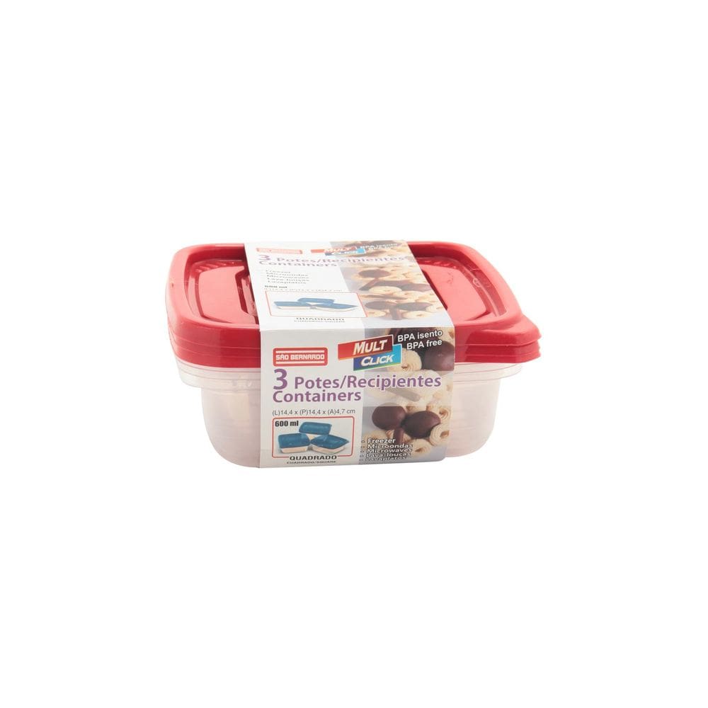 Conjunto de Potes São Bernardo Multiclick em Plástico Quadrado com Tampa Branca com 3 Peças 600ml