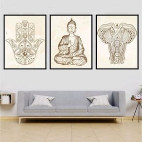 Kit 3 Quadros Decorativos Buda Zen Hamsa E Elefante 34x23cm