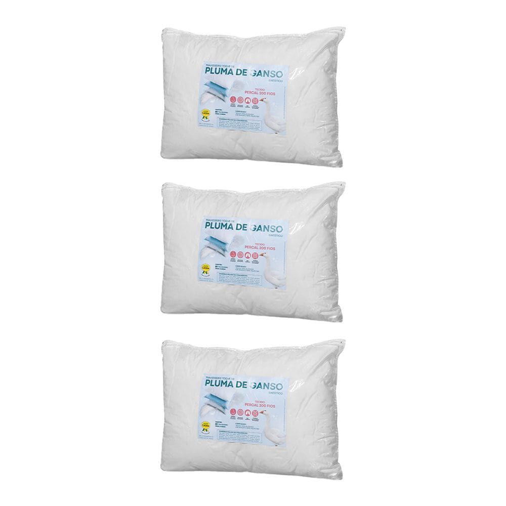 Kit 3 Travesseiros Pluma de Ganso Revestido Algodão 40x130 Antialérgico - Celiflex