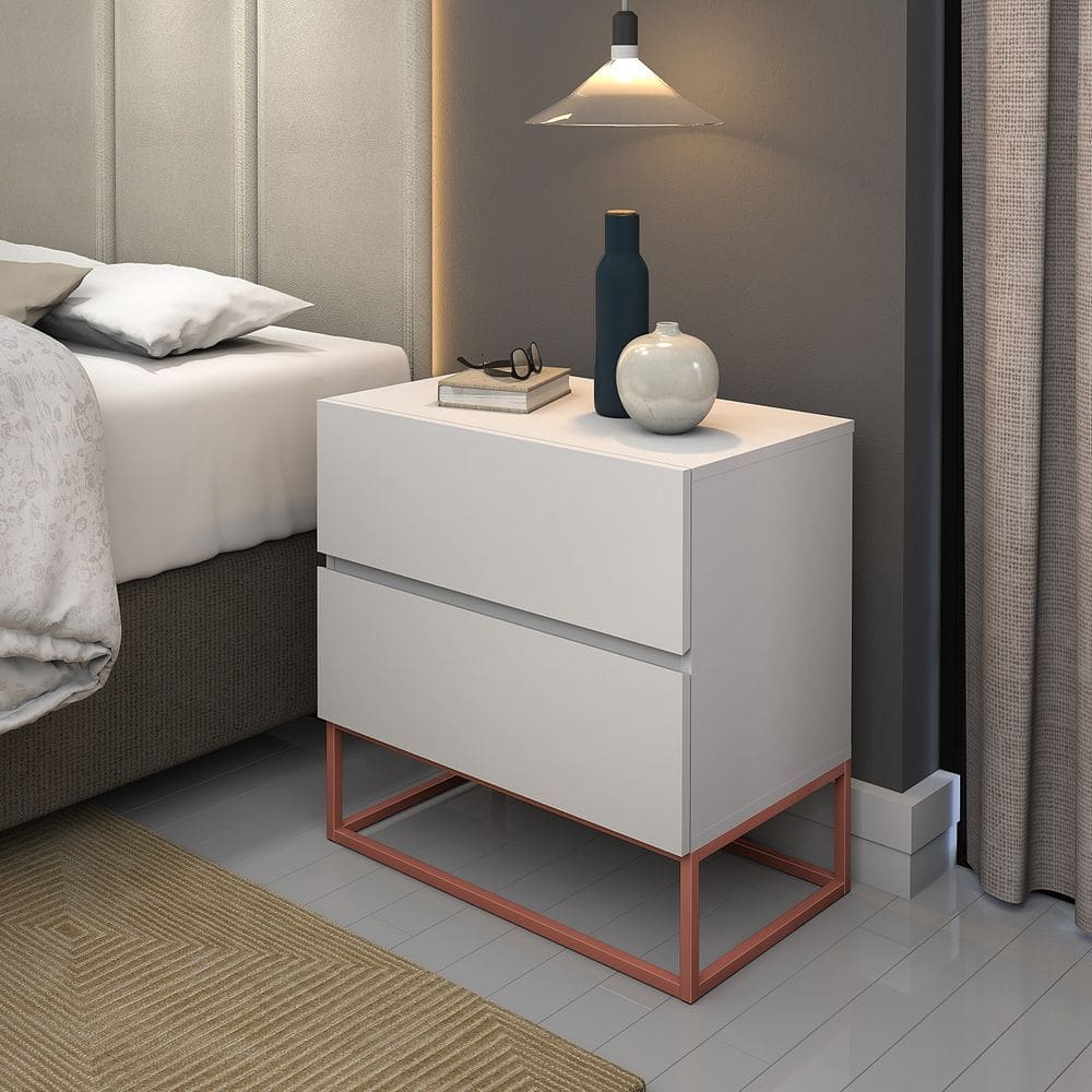 mesa de cabeceira para quarto moderna eros 45cm estilo industrial base de ferro cobre