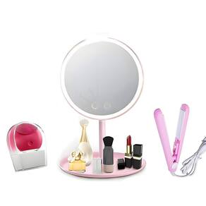 Espelho de Mesa com Aumento 5x Led e Ventilador + Esponja Massageadora Elétrica + Mini Chapinha