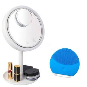 Kit para Limpeza Facial - Espelho Led com Ventilador Seca Maquiagem + Esponja Facial Elétrica