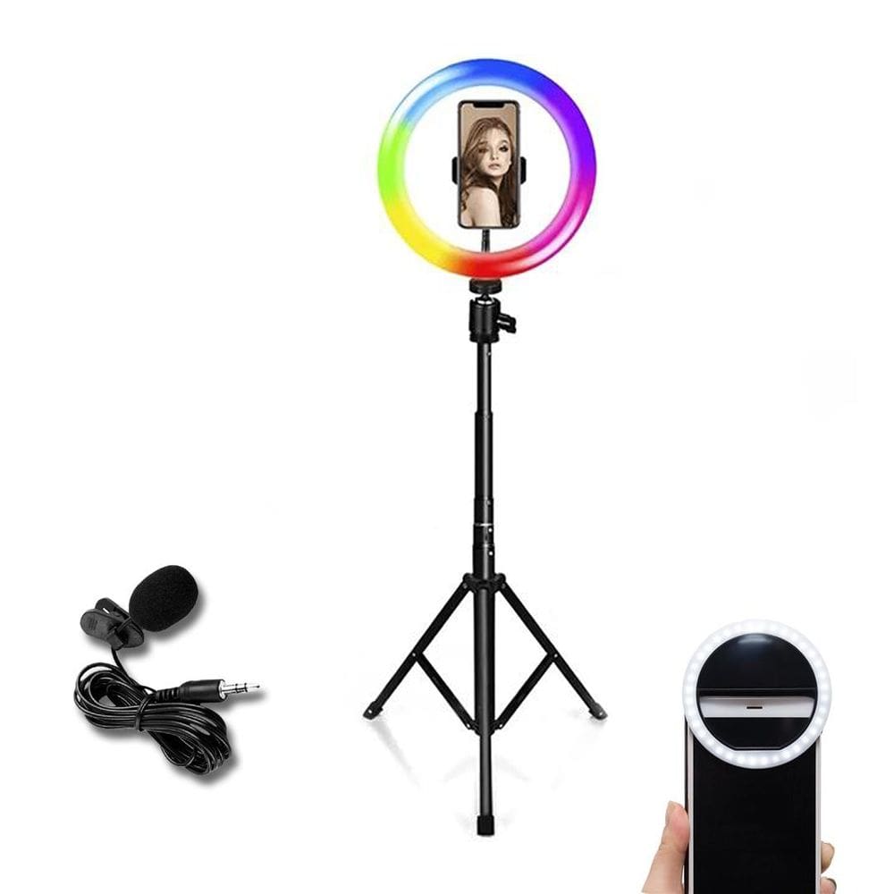Conjunto Completo - Ring Light RGB + Mini Ring Light + Microfone Lapela + Tripé 1,5m