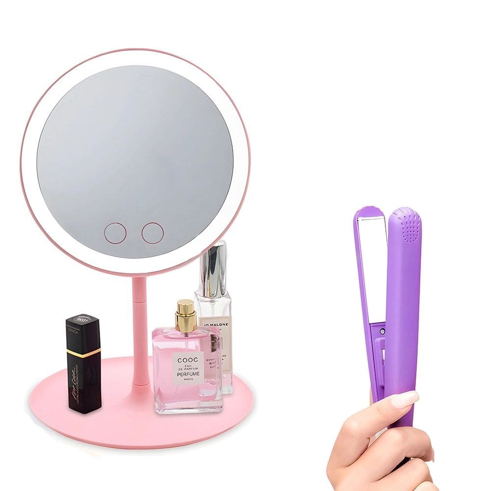 Espelho Led Bifocal com Ventilador Interno + Mini Chapinha Portátil Unissex Prancha para Cabelo