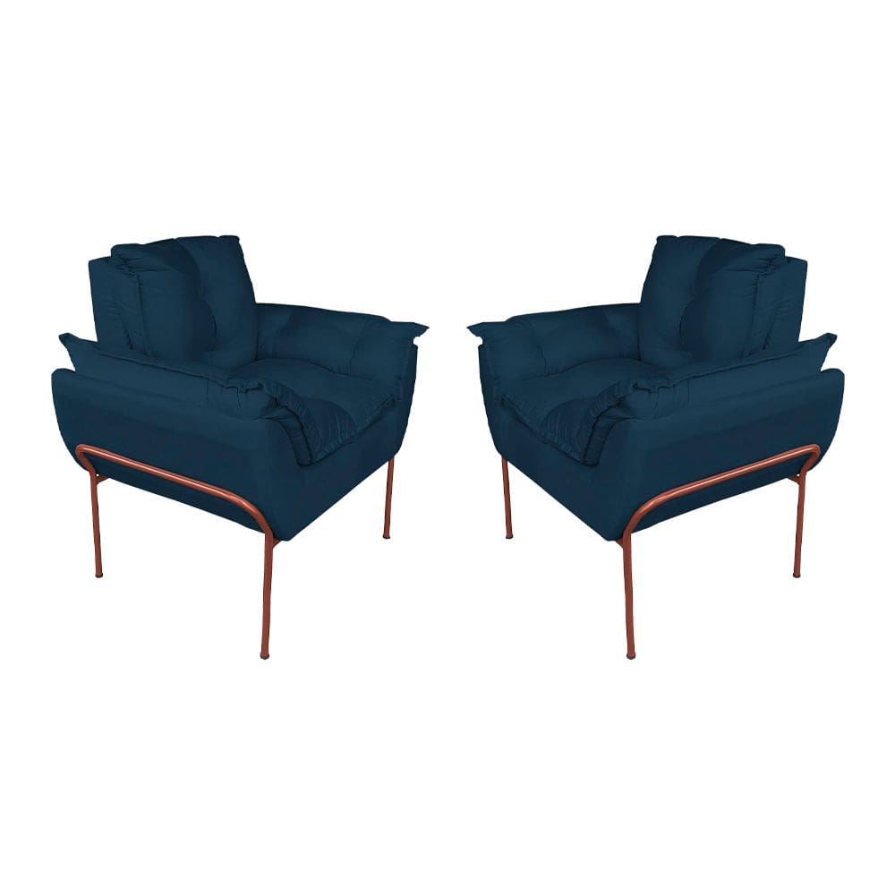 Kit Poltrona Moderna Base Cobre Suede Azul Marinho - Vallisa Decor