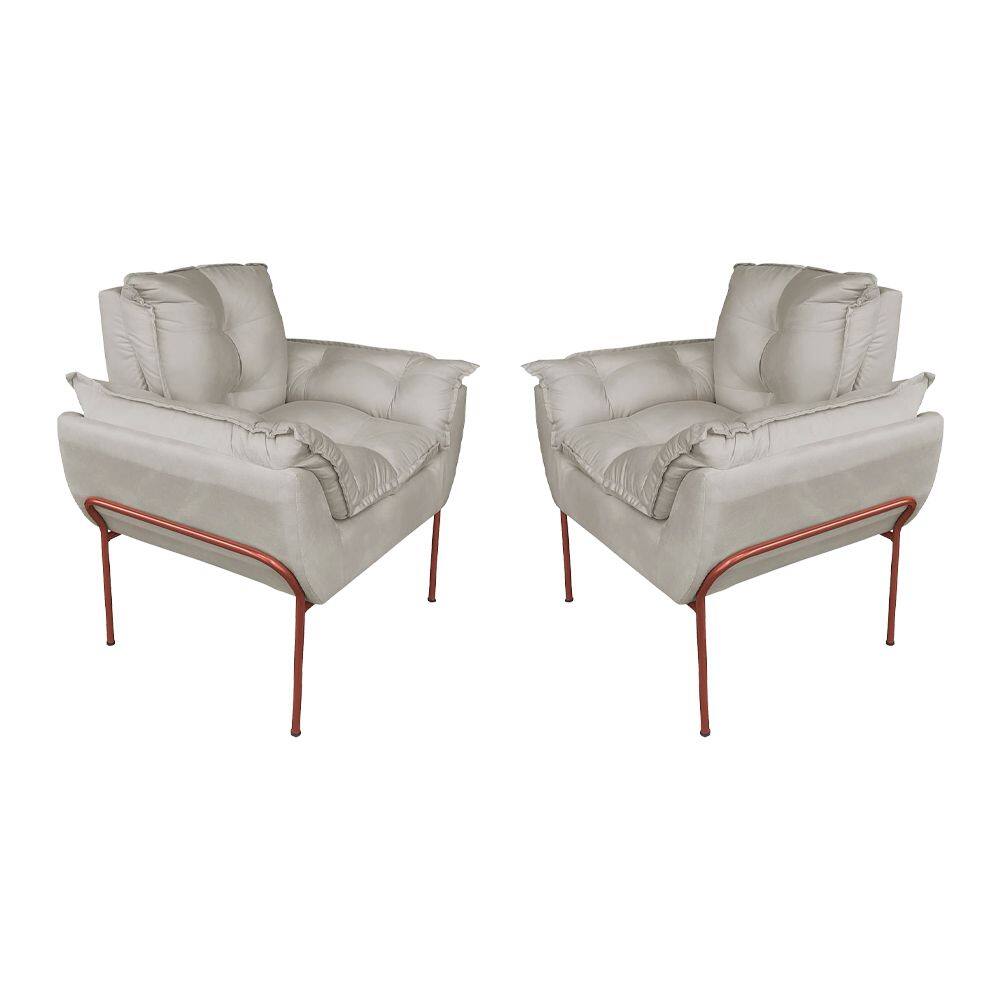 Kit 2 Poltronas Luxo Suede Bege Base de Ferro Cobre - Vallisa Decor