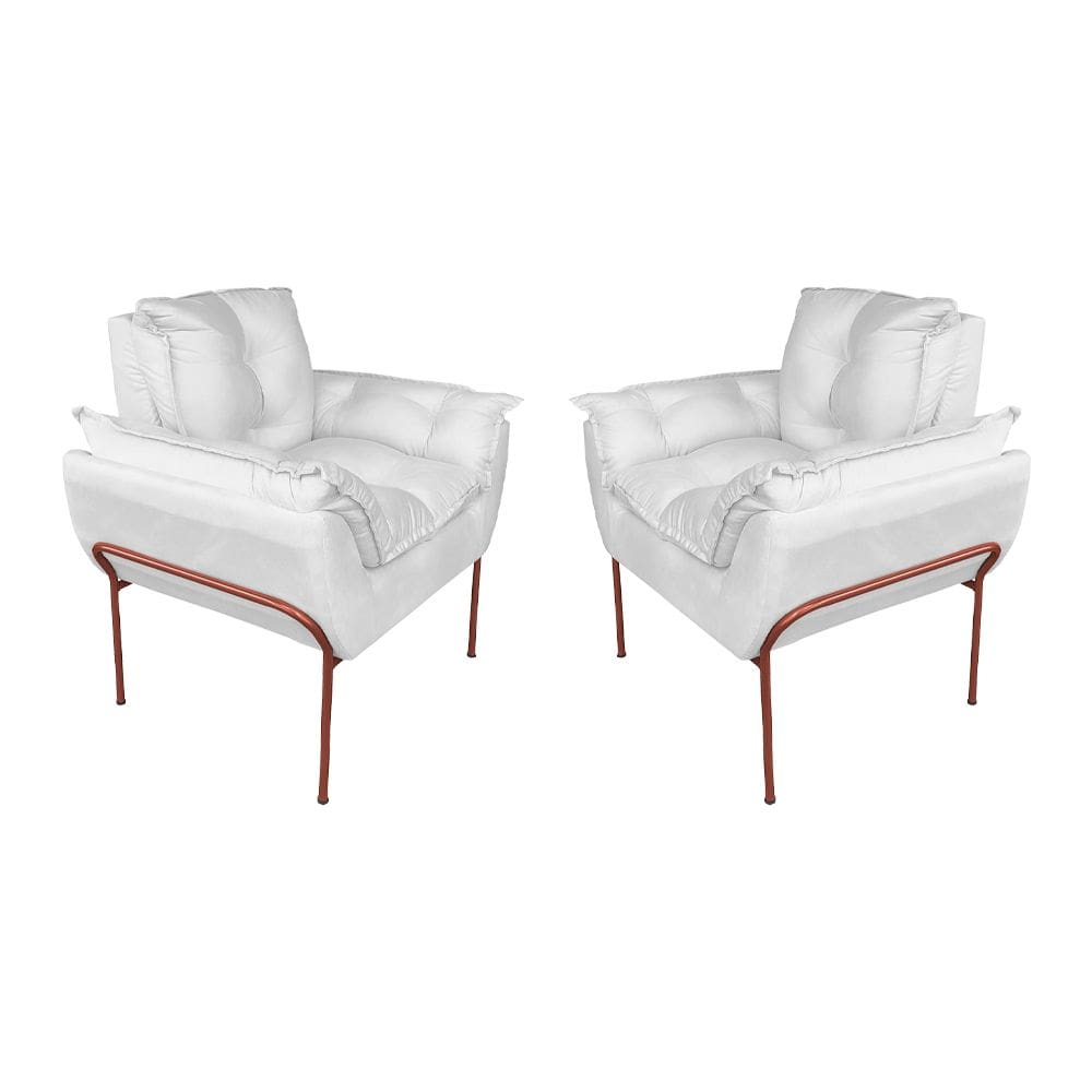 Kit 2 Poltronas Luxo Suede Branco Base de Ferro Cobre - Vallisa Decor