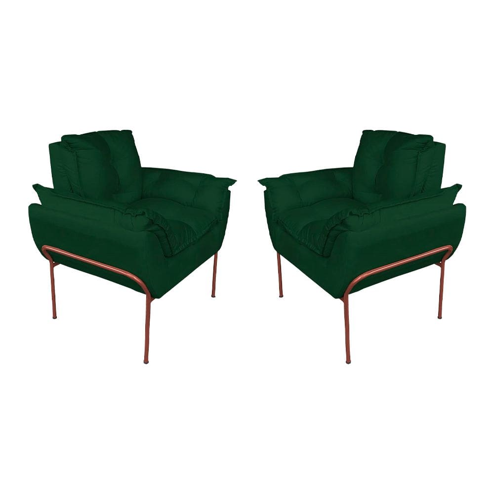 Kit Poltrona Recepção Suede Verde Base Cobre - Vallisa Decor