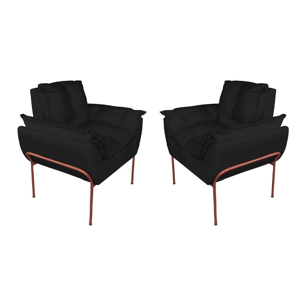 Kit 2 Poltronas Luxo Suede Preto Base de Ferro Cobre - Vallisa Decor