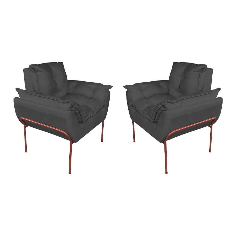 Kit Poltrona Recepção Suede Cinza Base Cobre - Vallisa Decor