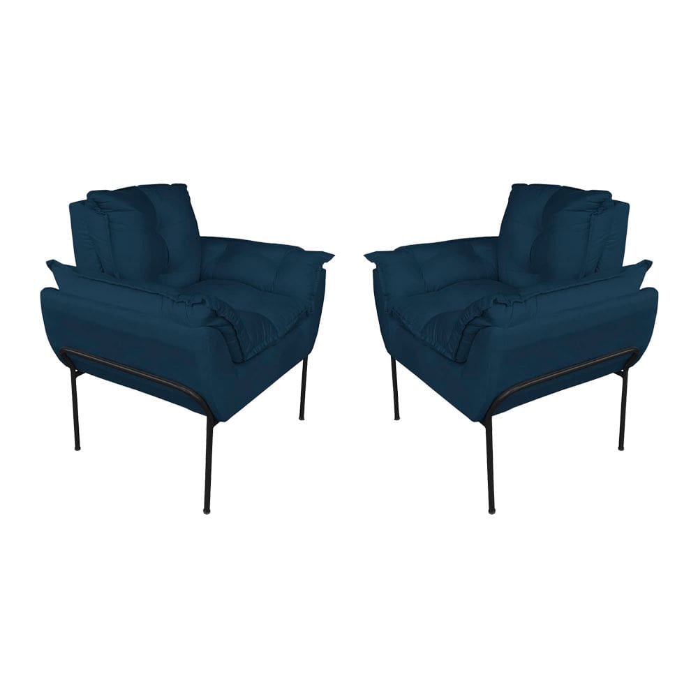 Kit 2 Poltronas Luxo Suede Azul Marinho Base de Ferro Preta - Vallisa Decor
