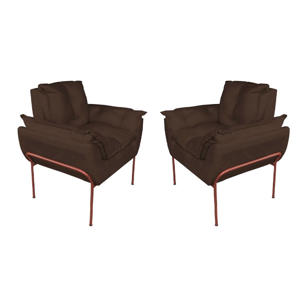 Kit Poltrona Decorativa Suede Marrom Base Metálica Cobre - Vallisa Decor