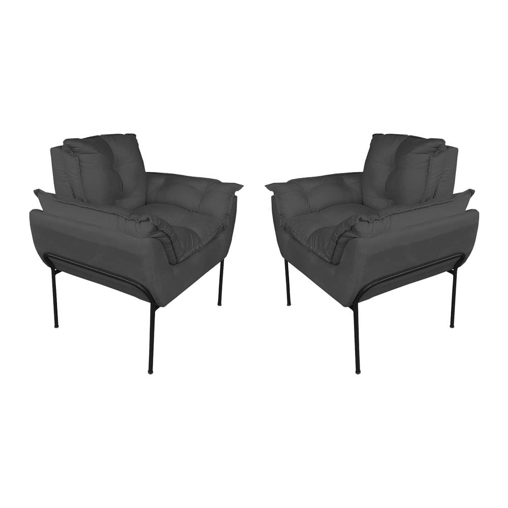 Kit 2 Poltronas Luxo Suede Cinza Base de Ferro Preta - Vallisa Decor
