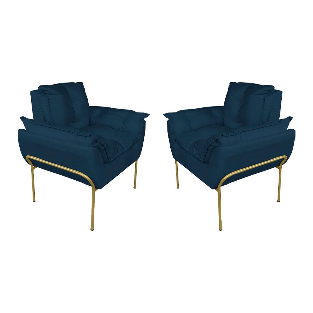 Kit Poltrona Moderna Base Dourada Suede Azul Marinho - Vallisa Decor