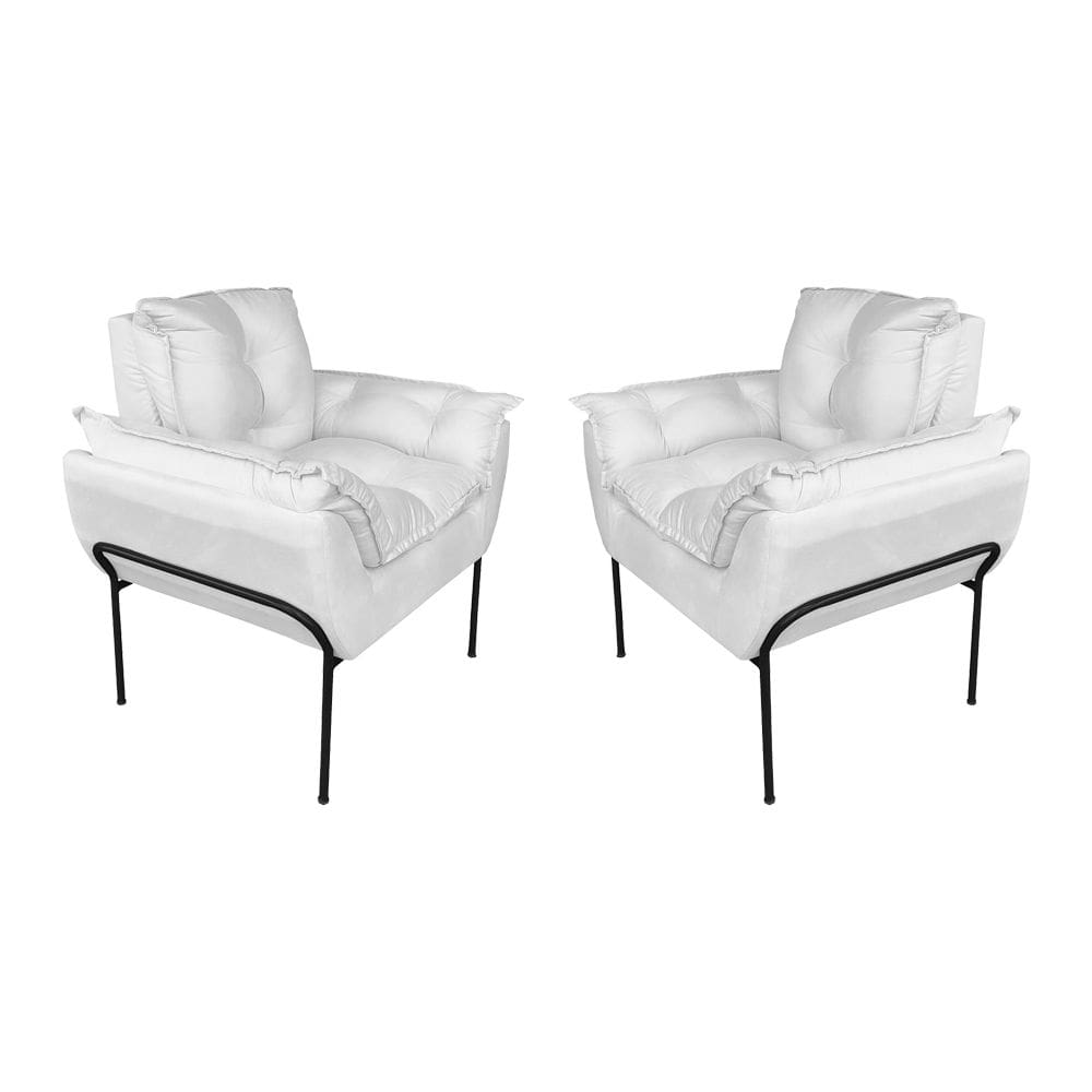 Kit Poltrona Decorativa Suede Branco Base Preta - Vallisa Decor