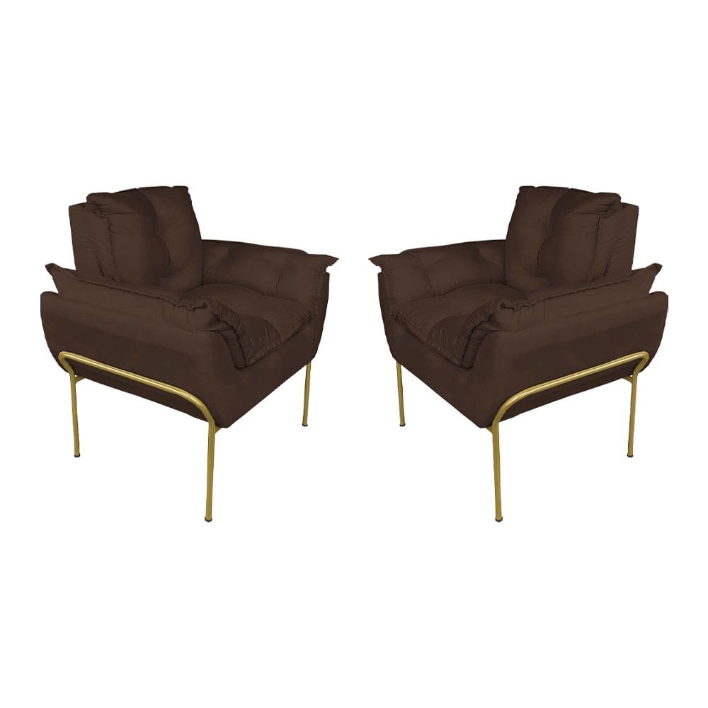 Kit Poltrona Recepção Suede Marrom Base Dourada - Vallisa Decor