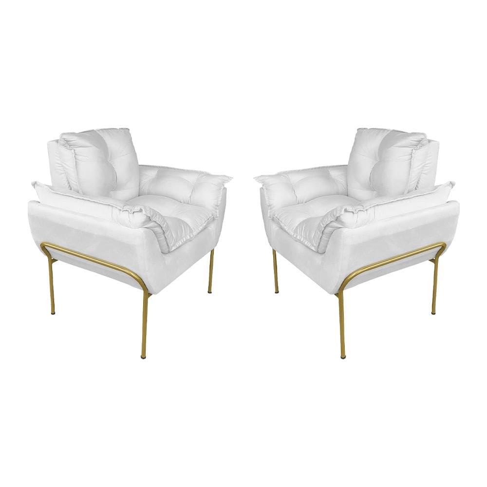 Kit Poltrona Recepção Suede Branco Base Dourada - Vallisa Decor