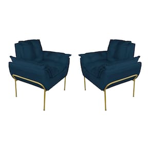 Kit Poltrona Decorativa Suede Azul Marinho Base Dourada - Vallisa Decor