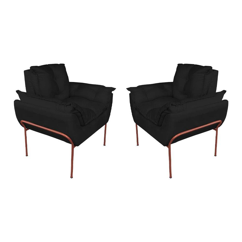 Kit 2 Poltronas Sala Base Cobre Suede Preto - Vallisa Decor