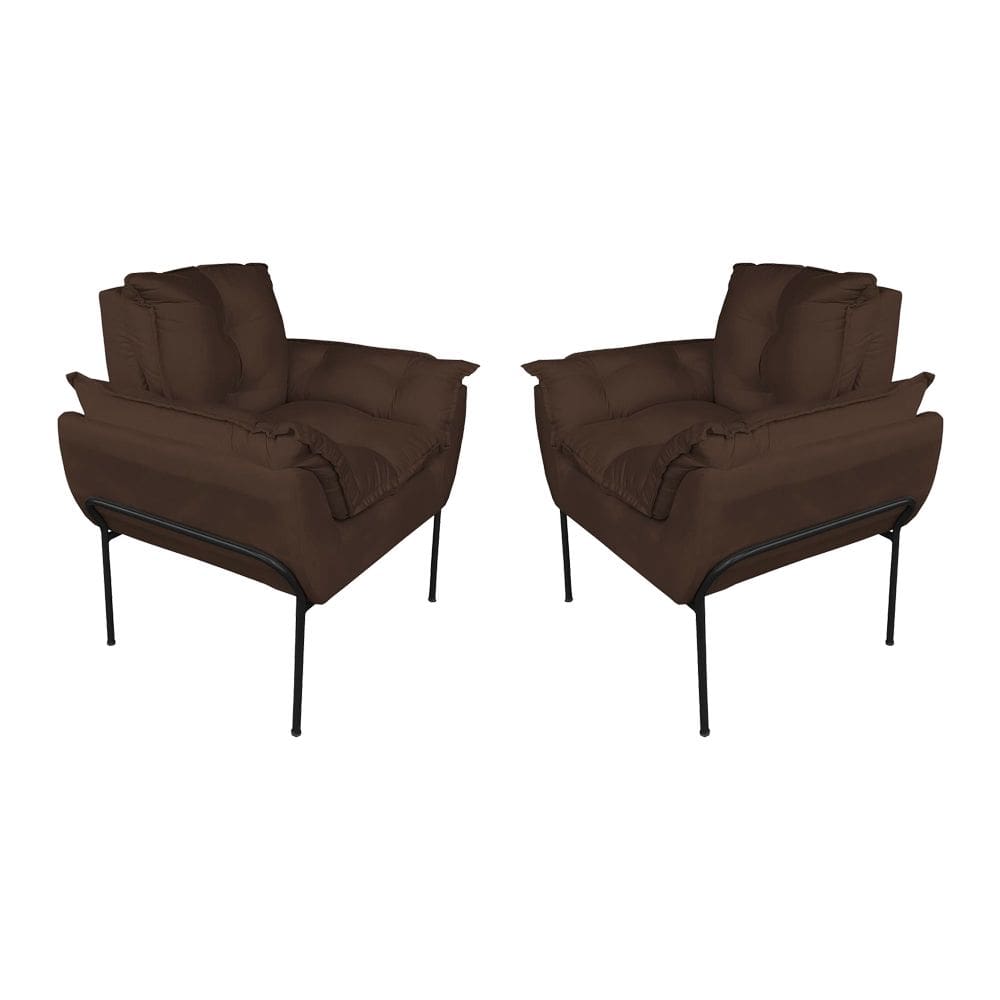 Kit Poltrona Decorativa Suede Marrom Base Metálica Preta - Vallisa Decor