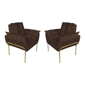 Kit Poltrona Decorativa Suede Marrom Base Metálica Dourada - Vallisa Decor