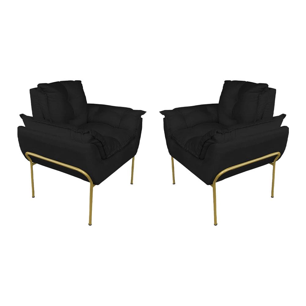Kit 2 Poltronas Sala Base Dourada Suede Preto - Vallisa Decor